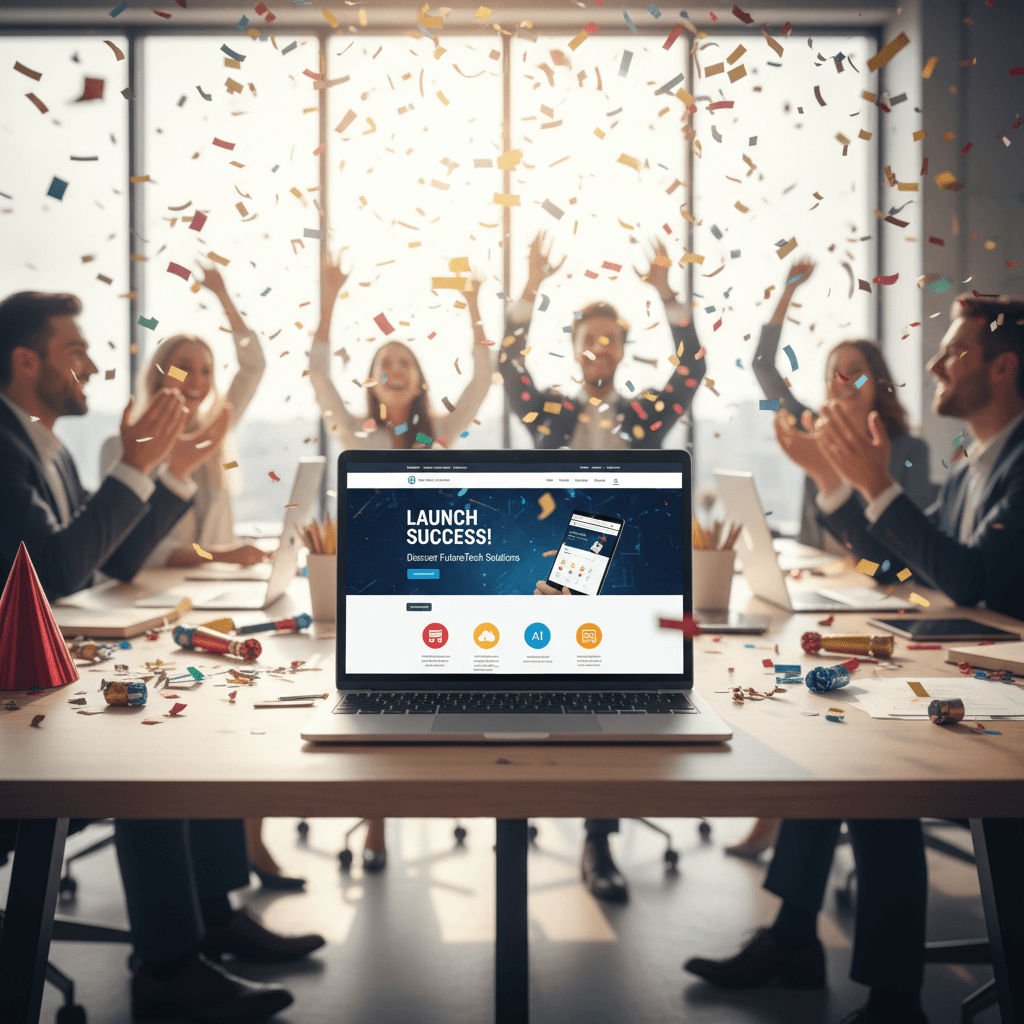 Newly launched website displayed on a laptop with subtle celebration