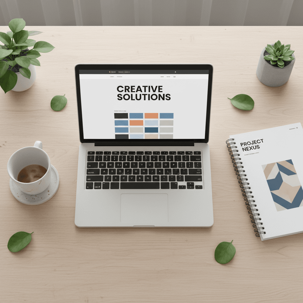 Website mockup on a laptop with a printed proposal on a desk
