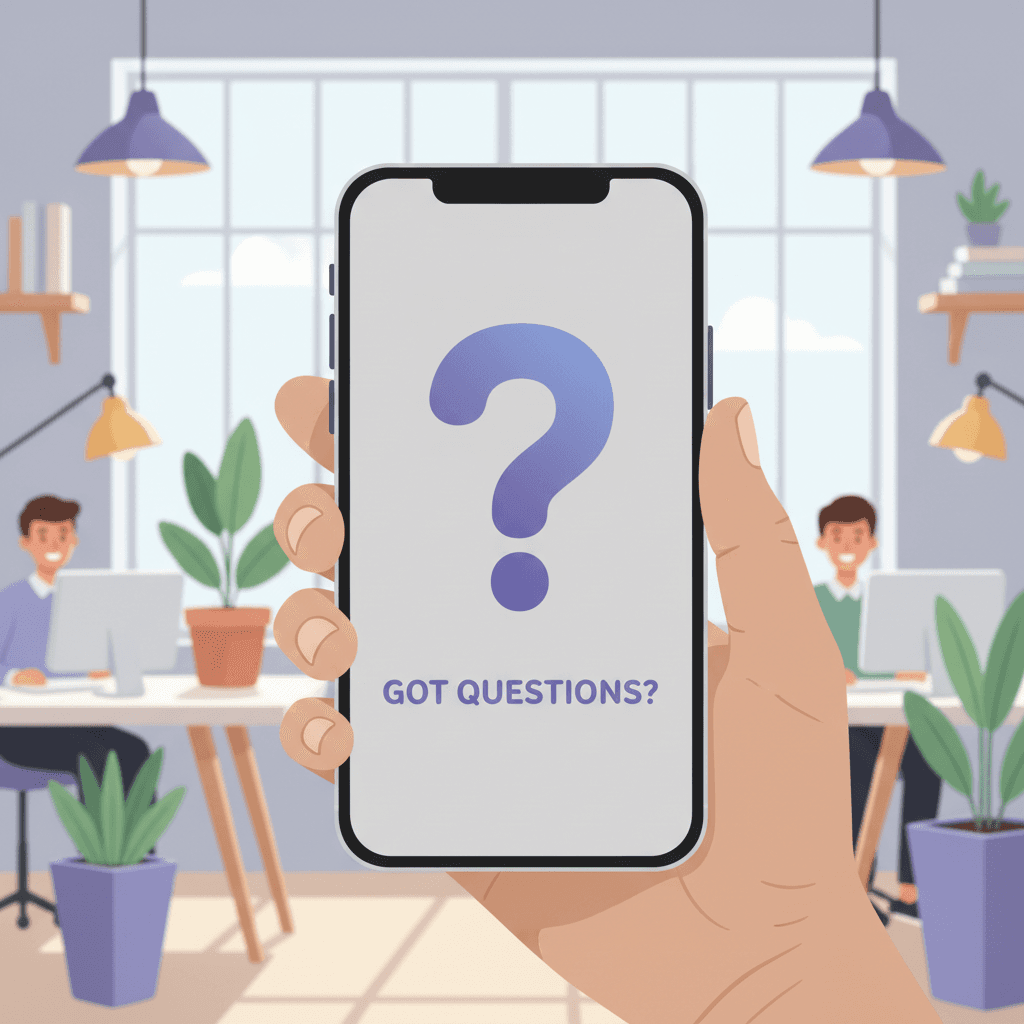 Hand holding a smartphone with a question mark icon on a clean app screen