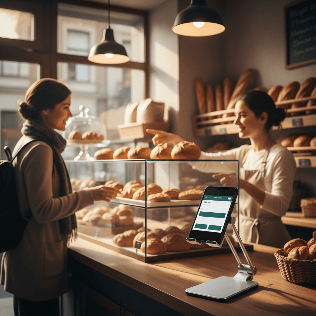 Smartphone mounted on a bakery counter displaying an ordering page