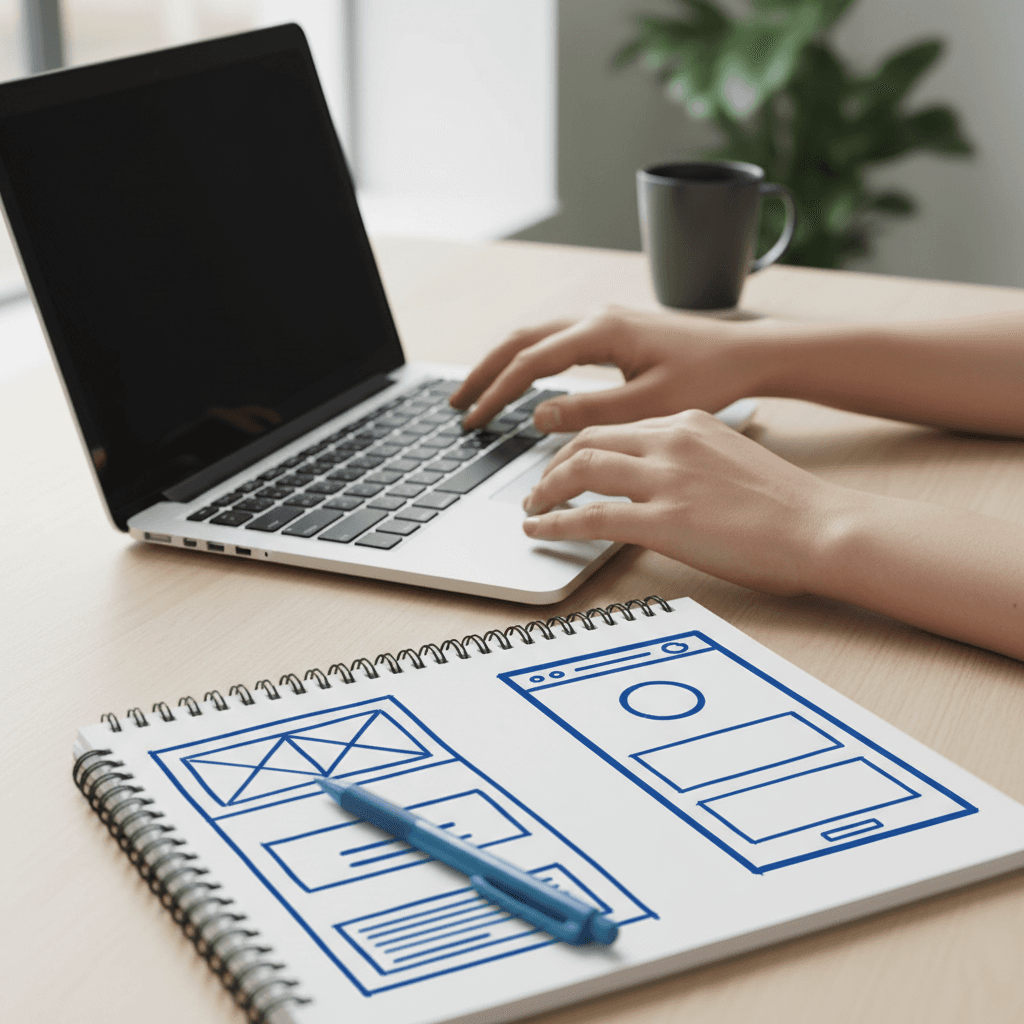 Hands typing on a laptop with wireframe sketches in a notebook nearby