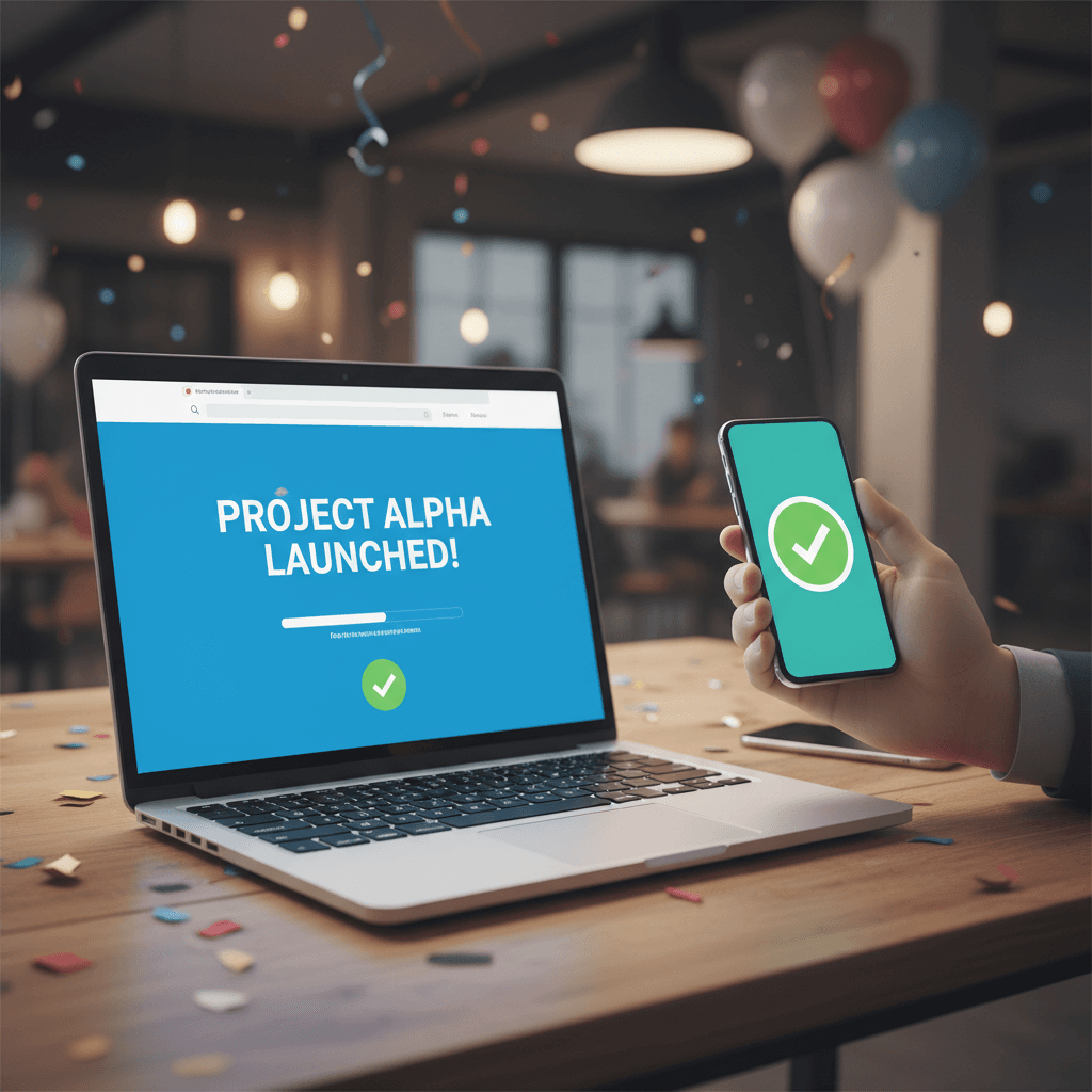 Laptop with a website with a hand holding a phone showing a checkmark