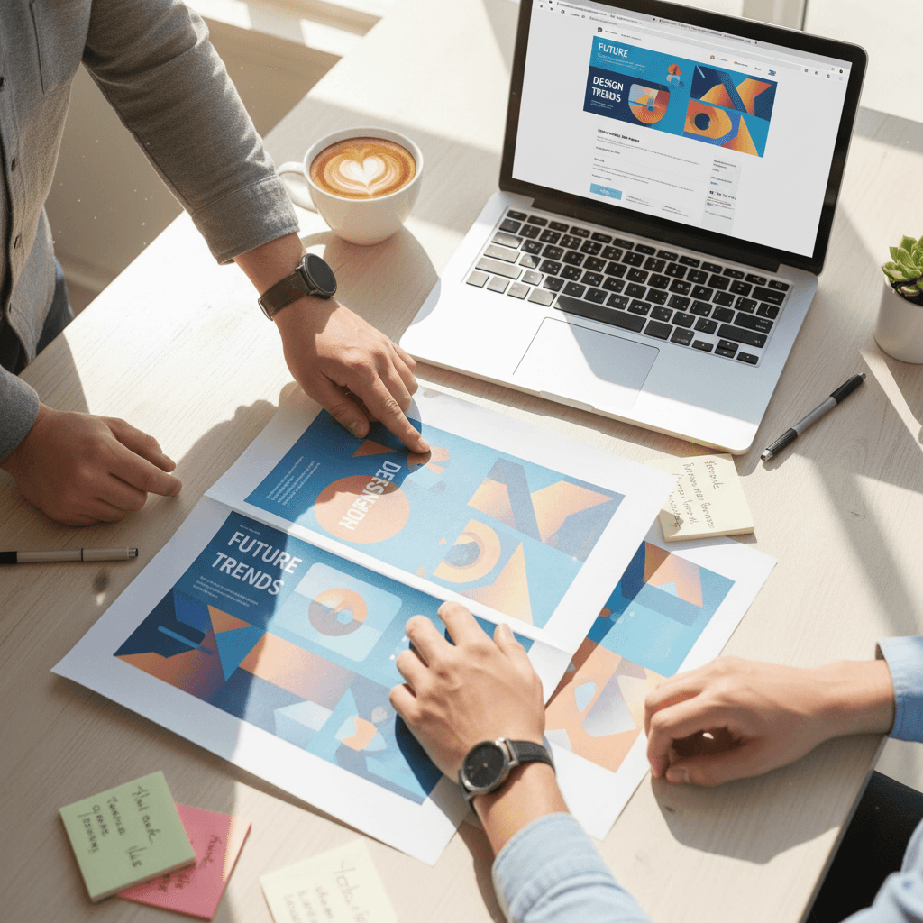Two people reviewing a website design layout on paper and a laptop