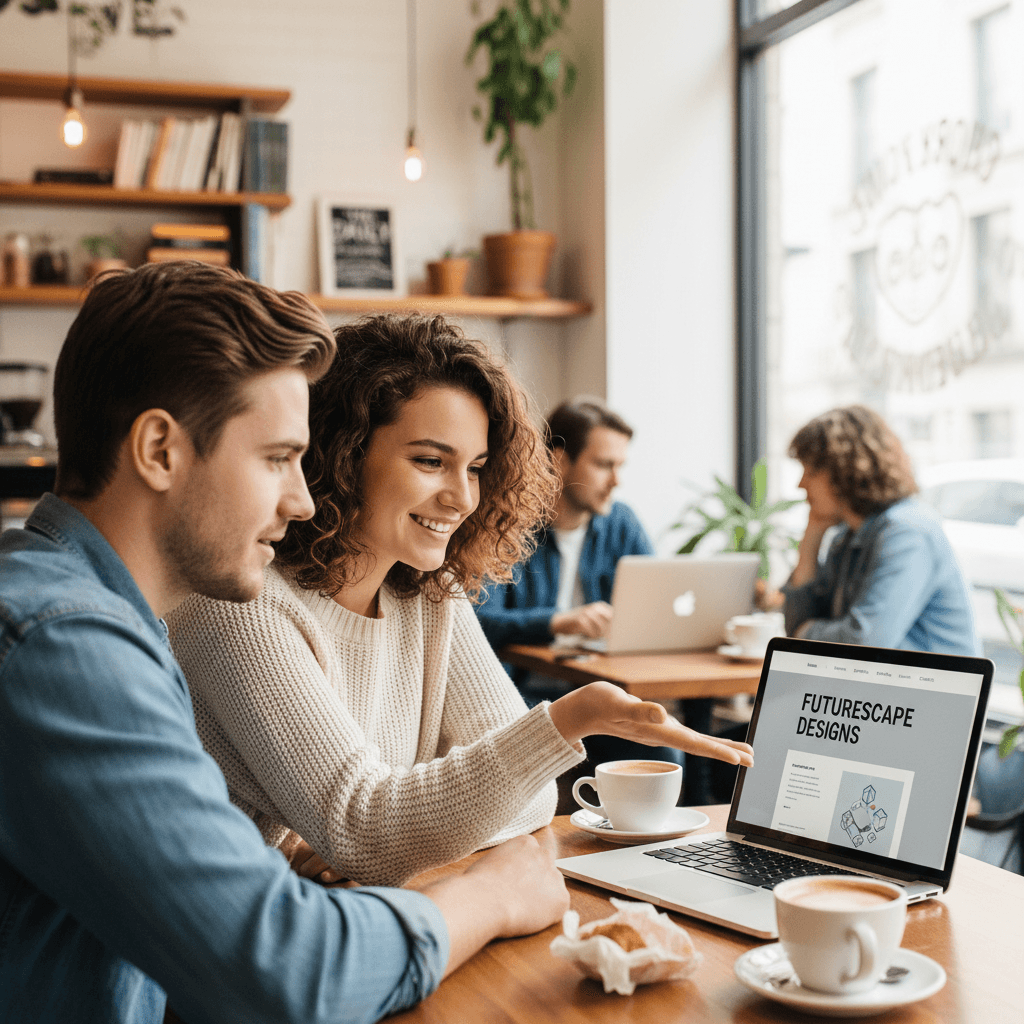 Two people looking at a website mockup on a laptop in a coffee shop