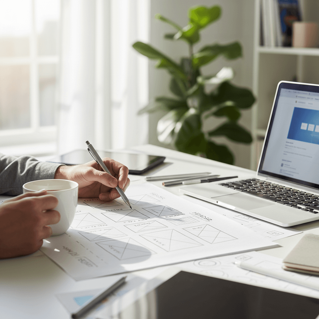 Website designer sketching wireframes on paper with laptop nearby
