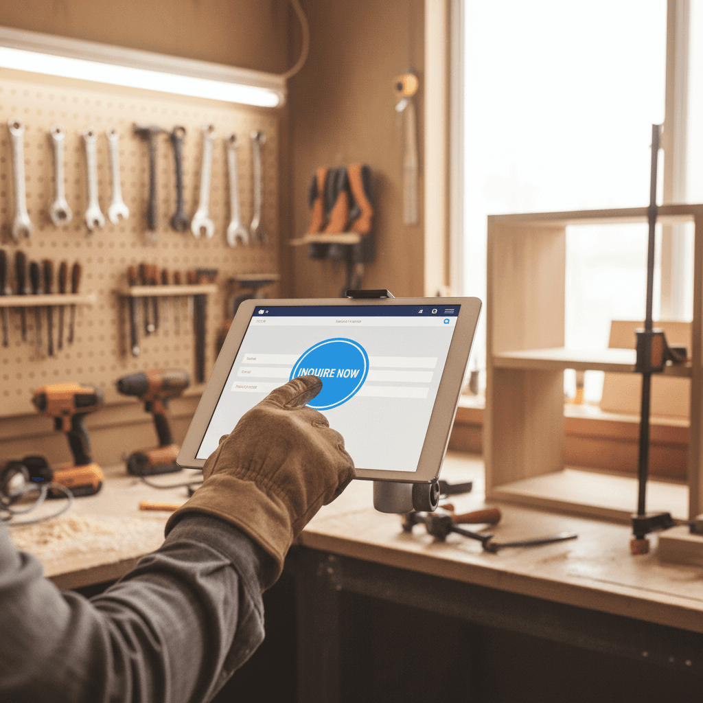 Contractor tapping an inquiry button on a tablet in a workshop