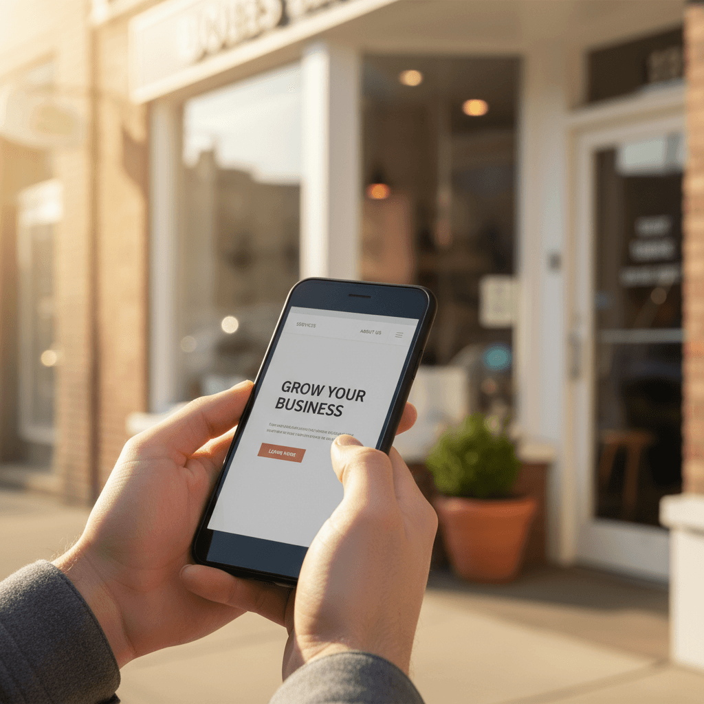 Hands holding a smartphone displaying a clean business website layout