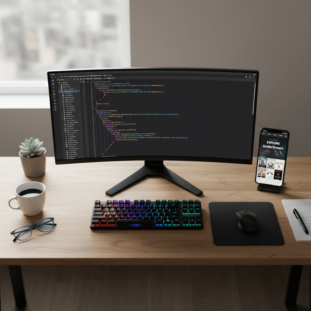 Overhead view of a developer's desk with code on a monitor and a phone